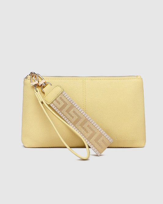A yellow wristlet clutch made from vegan leather, featuring a solid color design with a wrist strap.