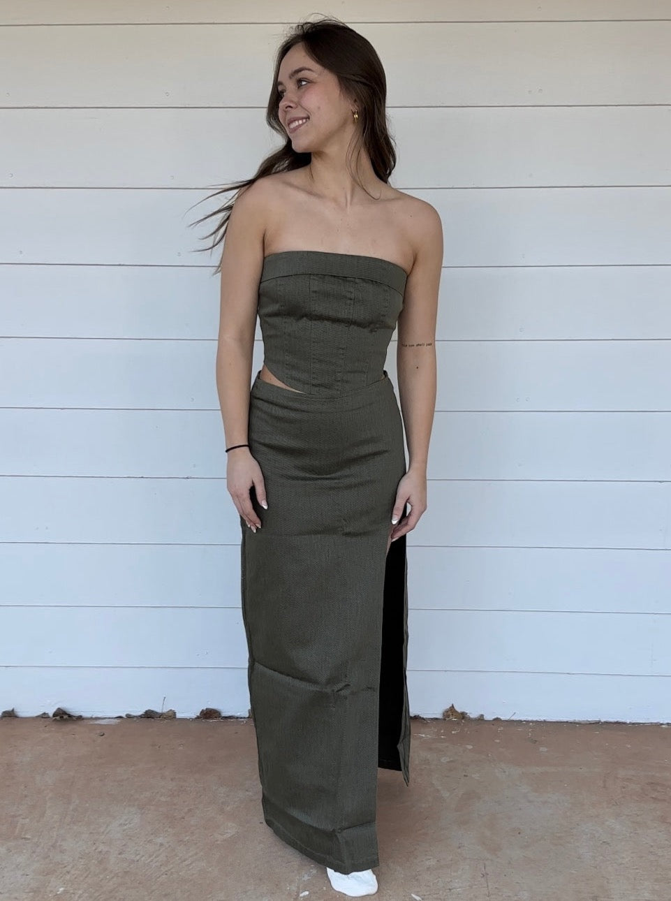 Esme Open-Leg Denim Maxi Skirt - Olive