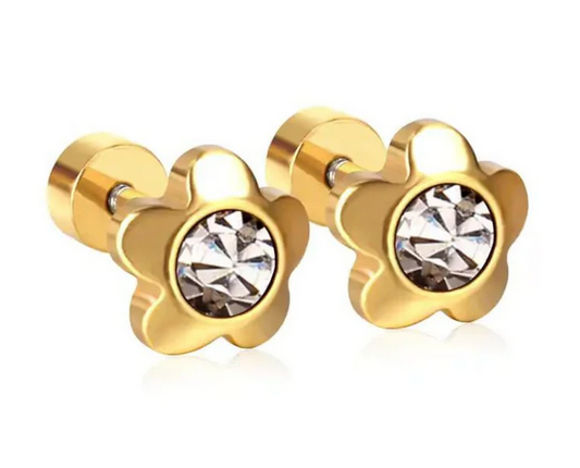 Screwback Stud Earring-Flowers w/ Diamond