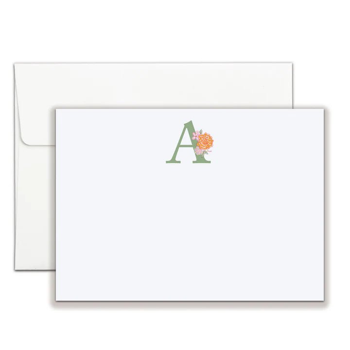 Personalized Floral Initial Flat Notecard Set Green - Motley Market